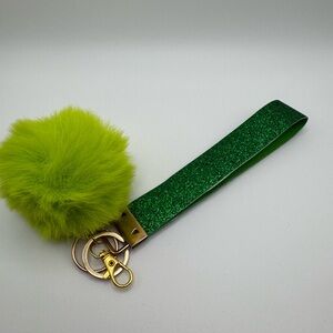 Green Glitter Wristlet Keychain with Pom Pom